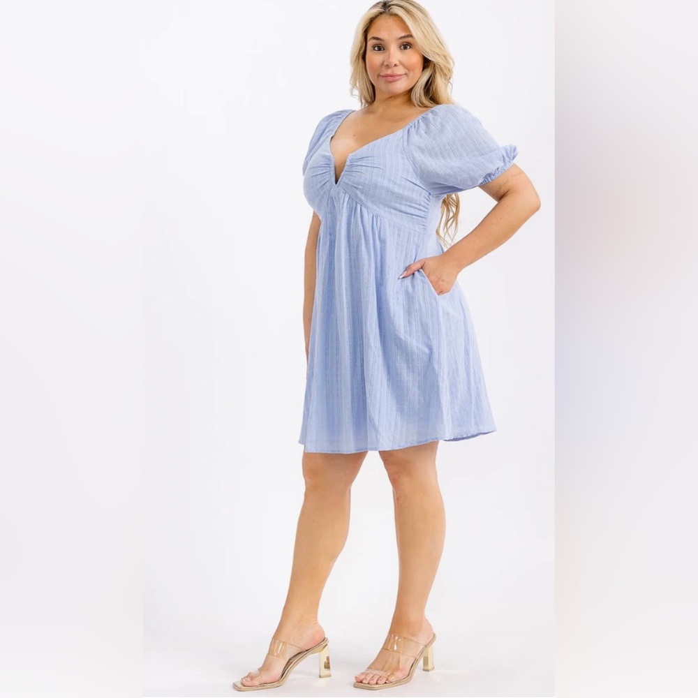 0982. SHORT SLEEVE V-NECK SMOCK OPEN BACK MINI DRESS
